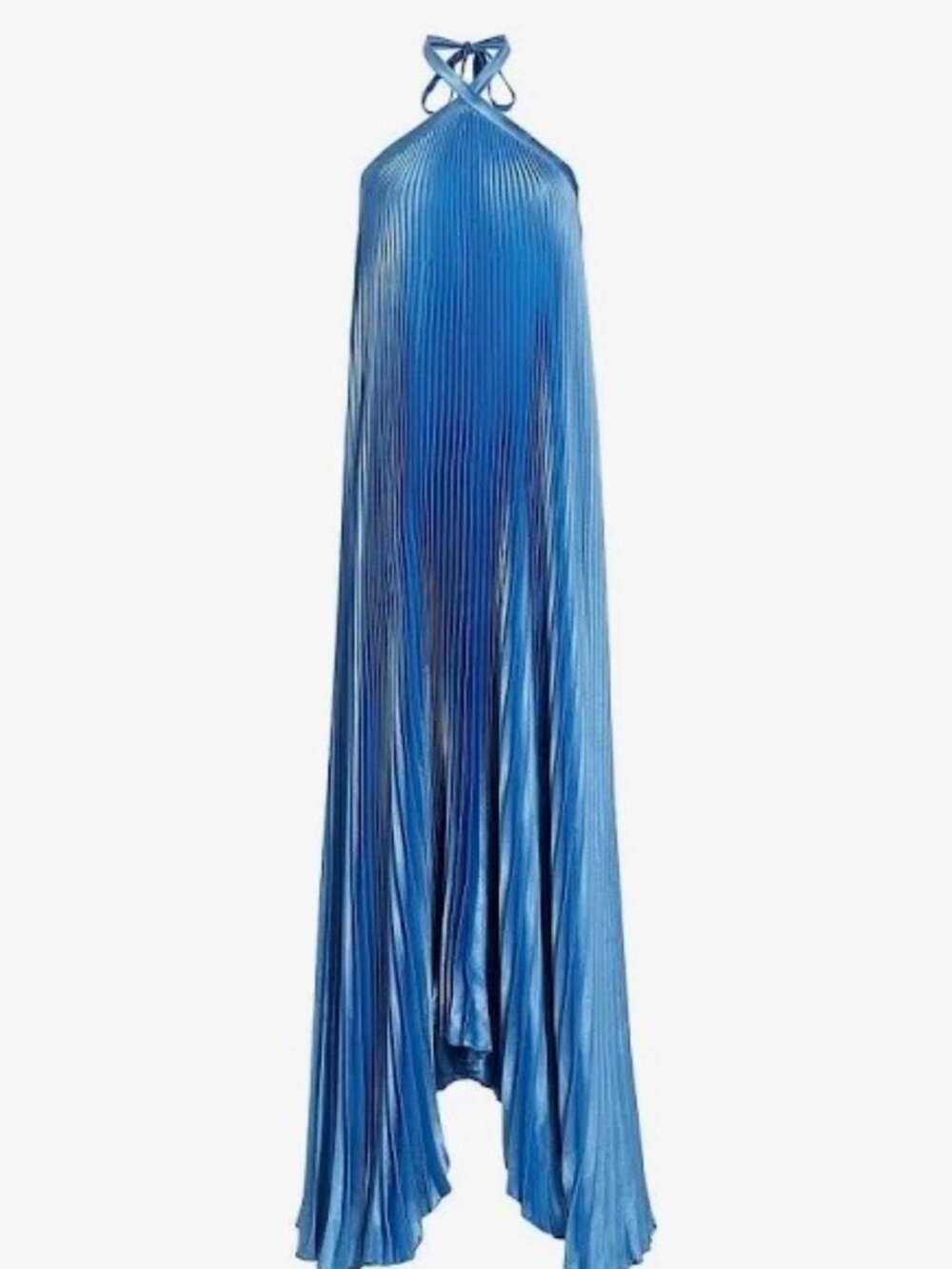 L'ldée Blue Asymmetric Pleated Halter Gown